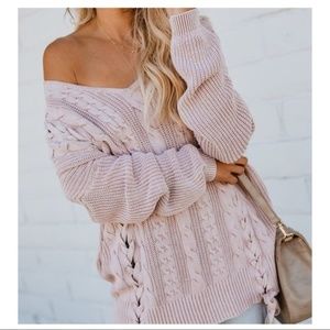 Oversized Cable Knit Lace Up Sweater | Mauve